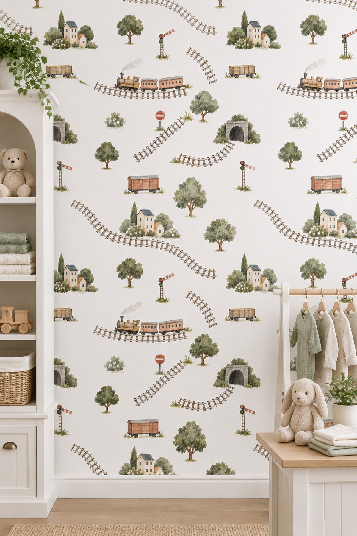 Steam Train Railway Scene Wallpaper White Background Pastel Watercolor