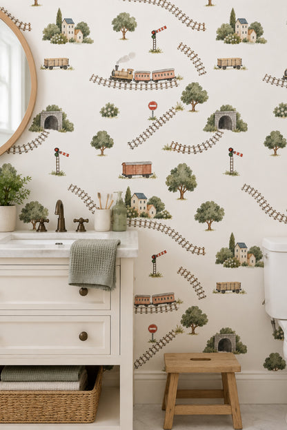 Steam Train Railway Scene Wallpaper White Background Pastel Watercolor