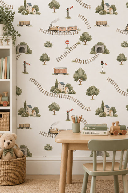 Steam Train Railway Scene Wallpaper White Background Pastel Watercolor