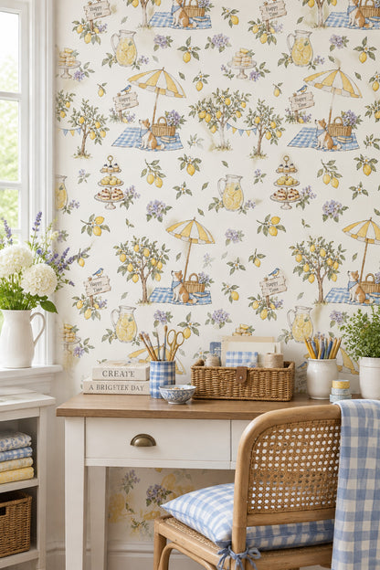 Lemon Garden Picnic Wallpaper Watercolor Gingham