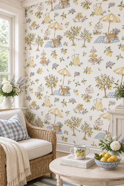 Lemon Garden Picnic Wallpaper Watercolor Gingham