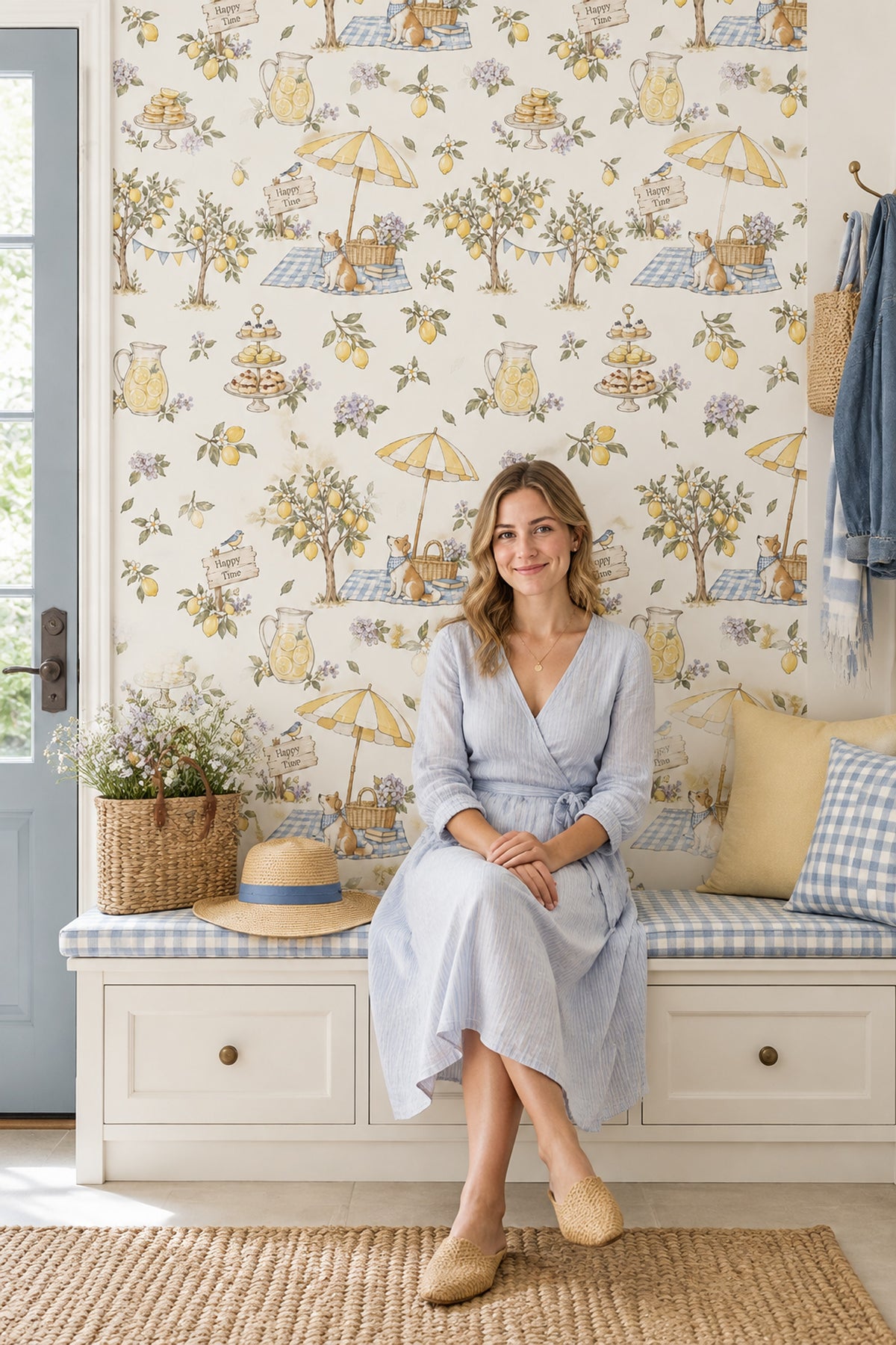 Lemon Garden Picnic Wallpaper Watercolor Gingham