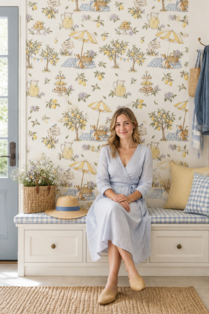 Lemon Garden Picnic Wallpaper Watercolor Gingham