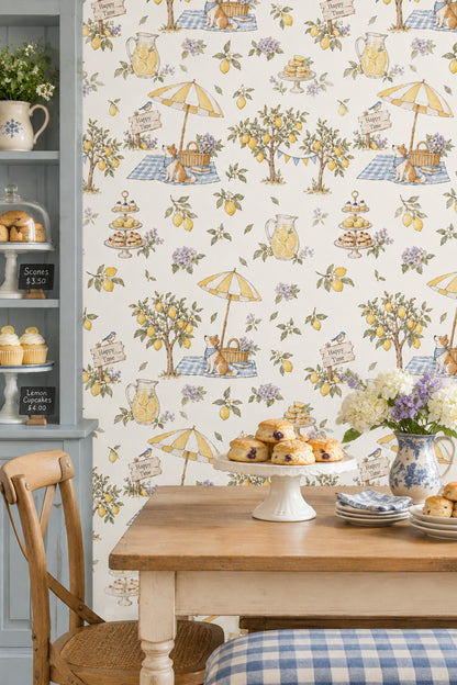 Lemon Garden Picnic Wallpaper Watercolor Gingham
