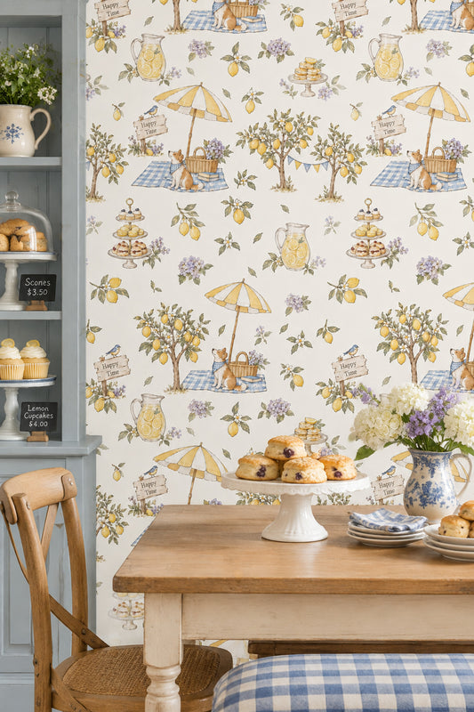 Lemon Garden Picnic Wallpaper Watercolor Gingham