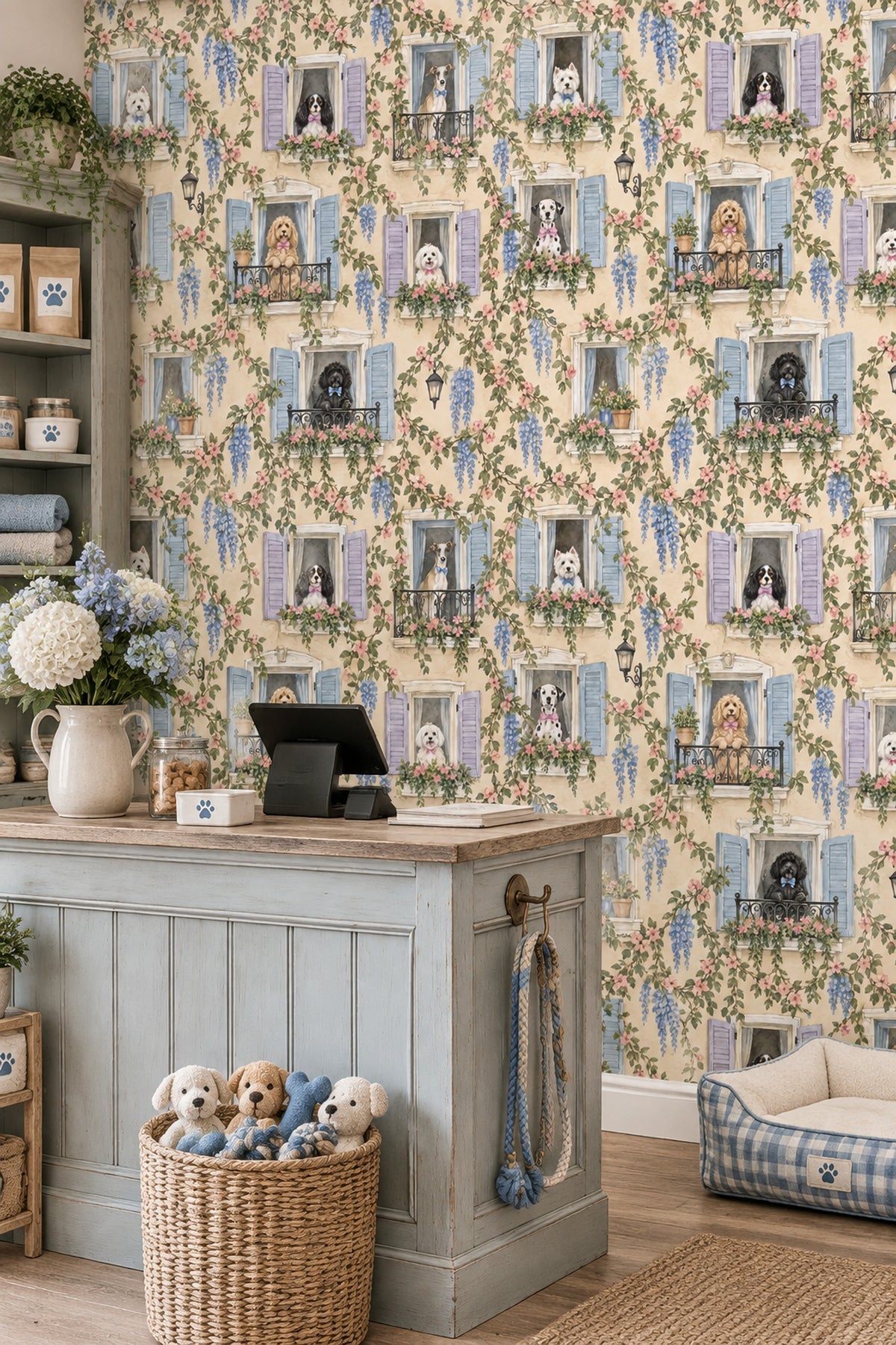Dogs On Balconies Wallpaper Pastel French Windows