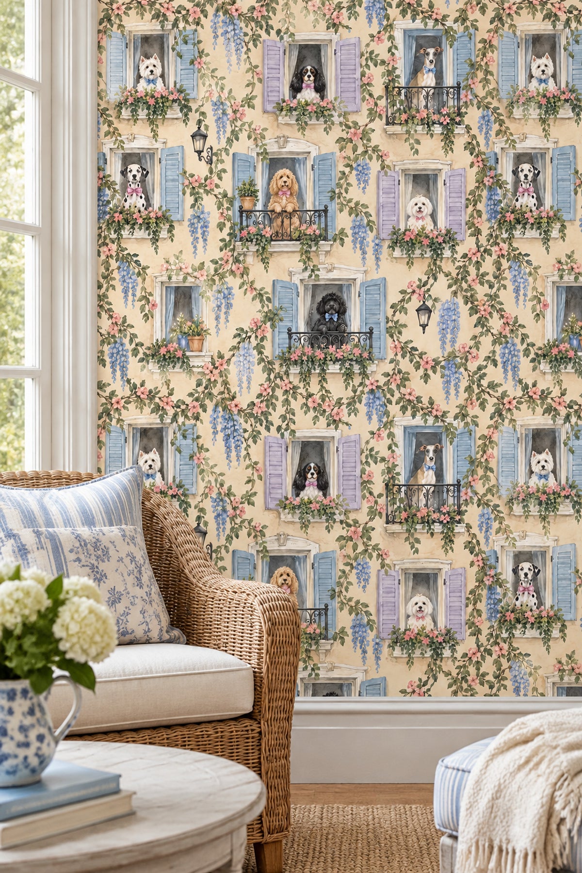 Dogs On Balconies Wallpaper Pastel French Windows