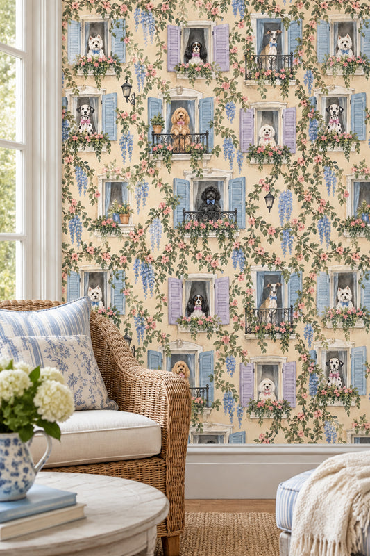 Dogs On Balconies Wallpaper Pastel French Windows