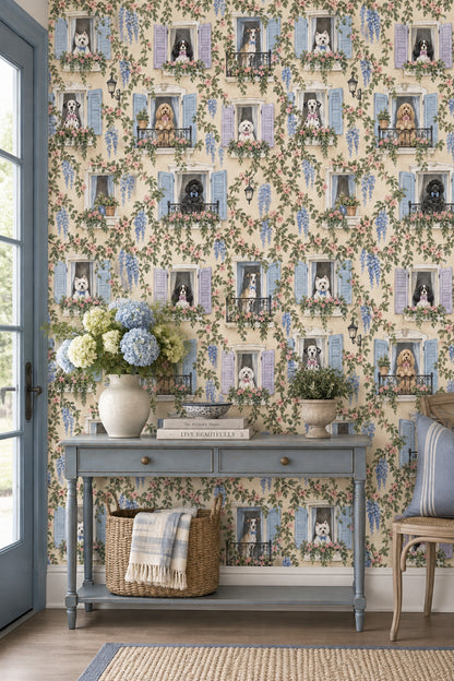Dogs On Balconies Wallpaper Pastel French Windows