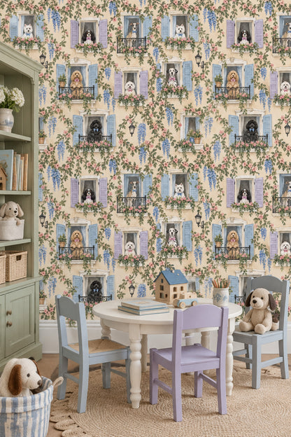 Dogs On Balconies Wallpaper Pastel French Windows