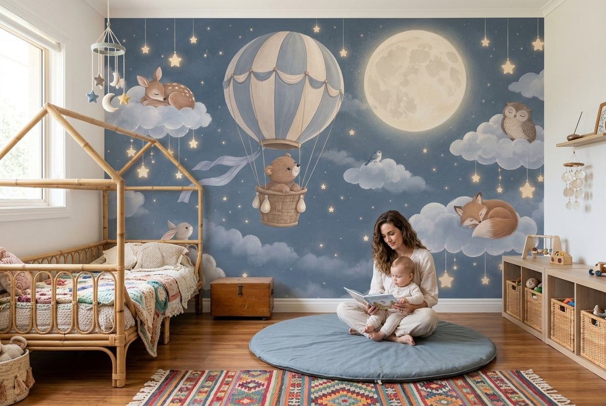 Hot Air Balloon Nursery Wallpaper Moonlit Animals Wall Mural