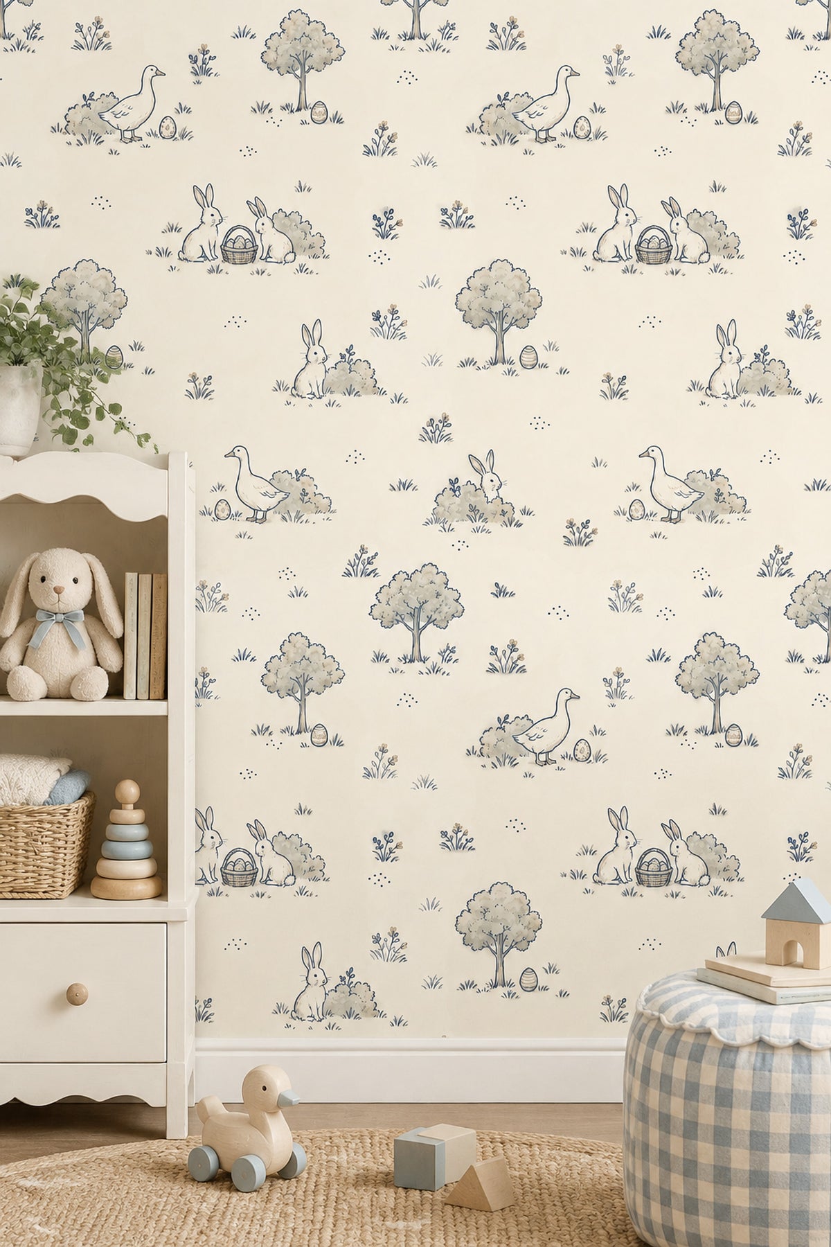 Rabbits And Ducks Easter Eggs Wallpaper Cream Toile