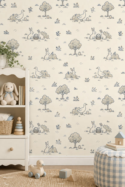 Rabbits And Ducks Easter Eggs Wallpaper Cream Toile