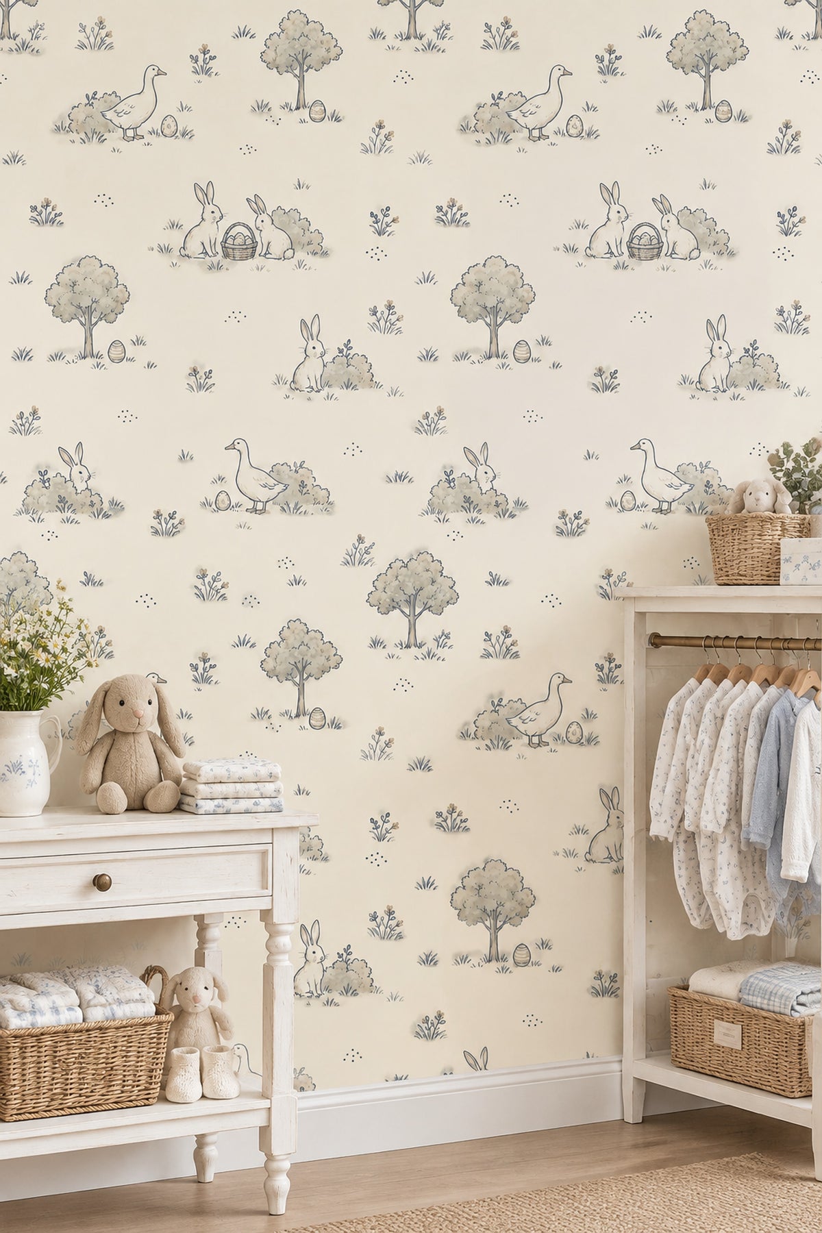 Rabbits And Ducks Easter Eggs Wallpaper Cream Toile