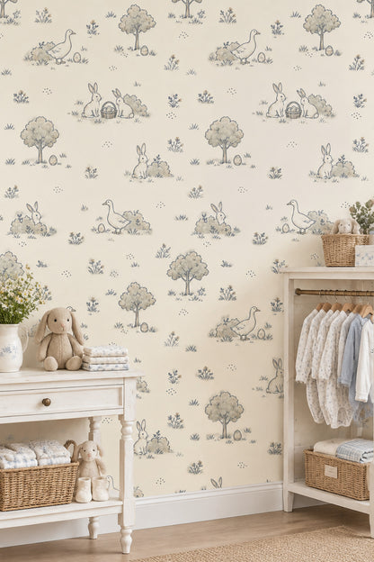 Rabbits And Ducks Easter Eggs Wallpaper Cream Toile