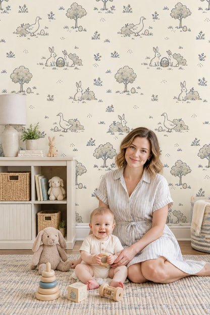 Rabbits And Ducks Easter Eggs Wallpaper Cream Toile