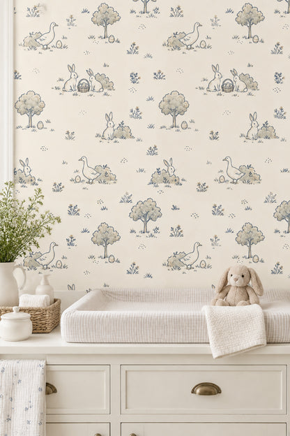 Rabbits And Ducks Easter Eggs Wallpaper Cream Toile