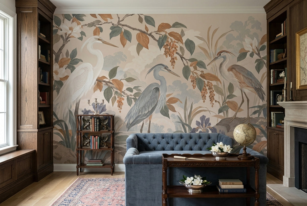 Herons And Iris Pond Wallpaper Muted Green Chinoiserie Wall Mural