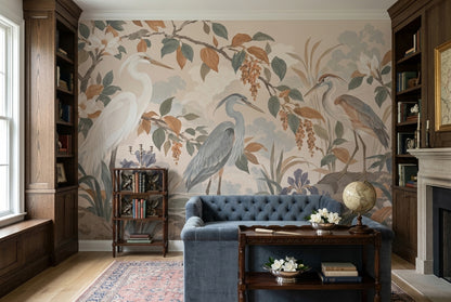 Herons And Iris Pond Wallpaper Muted Green Chinoiserie Wall Mural