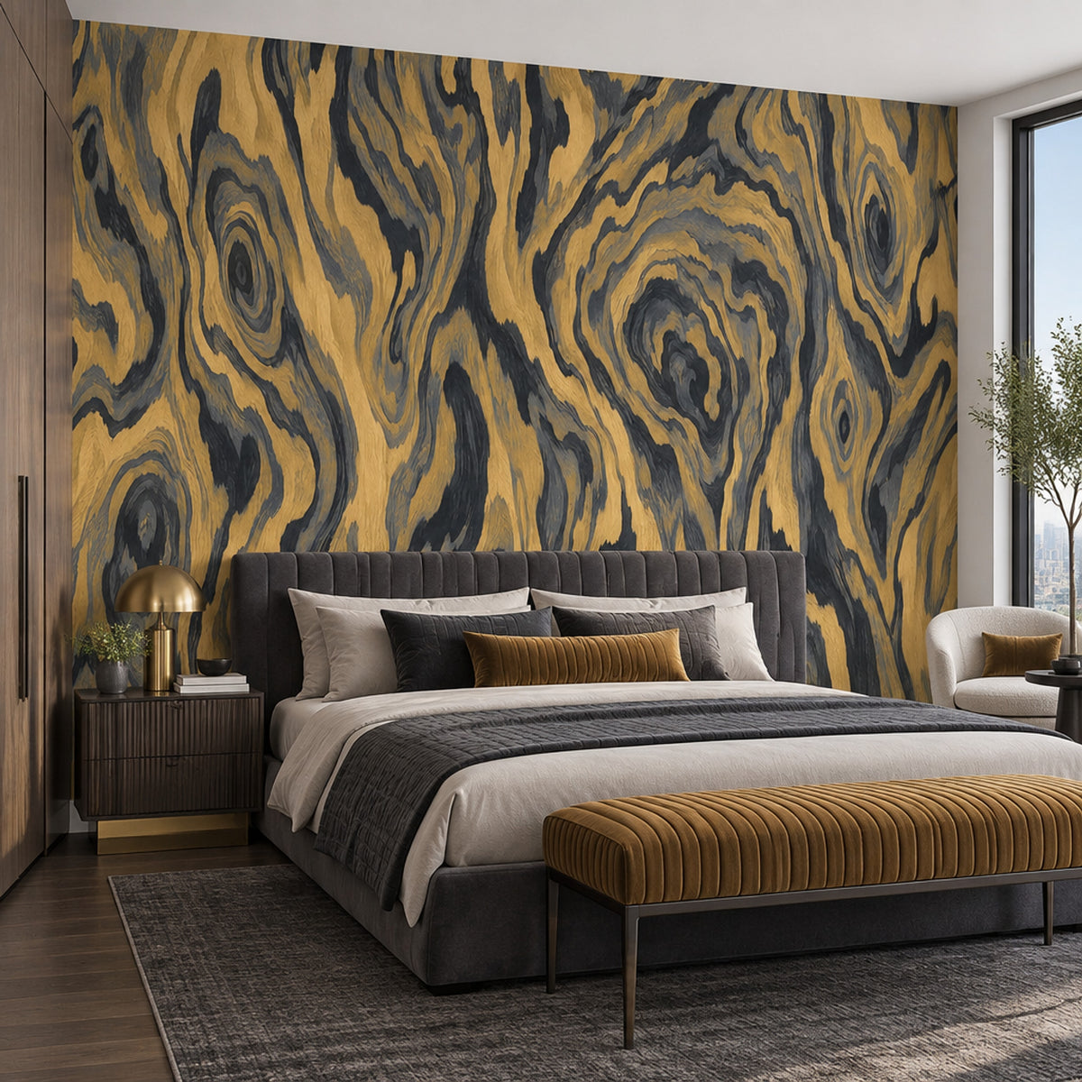 Gold Wood Grain Wallpaper Charcoal Veined Wall Mural