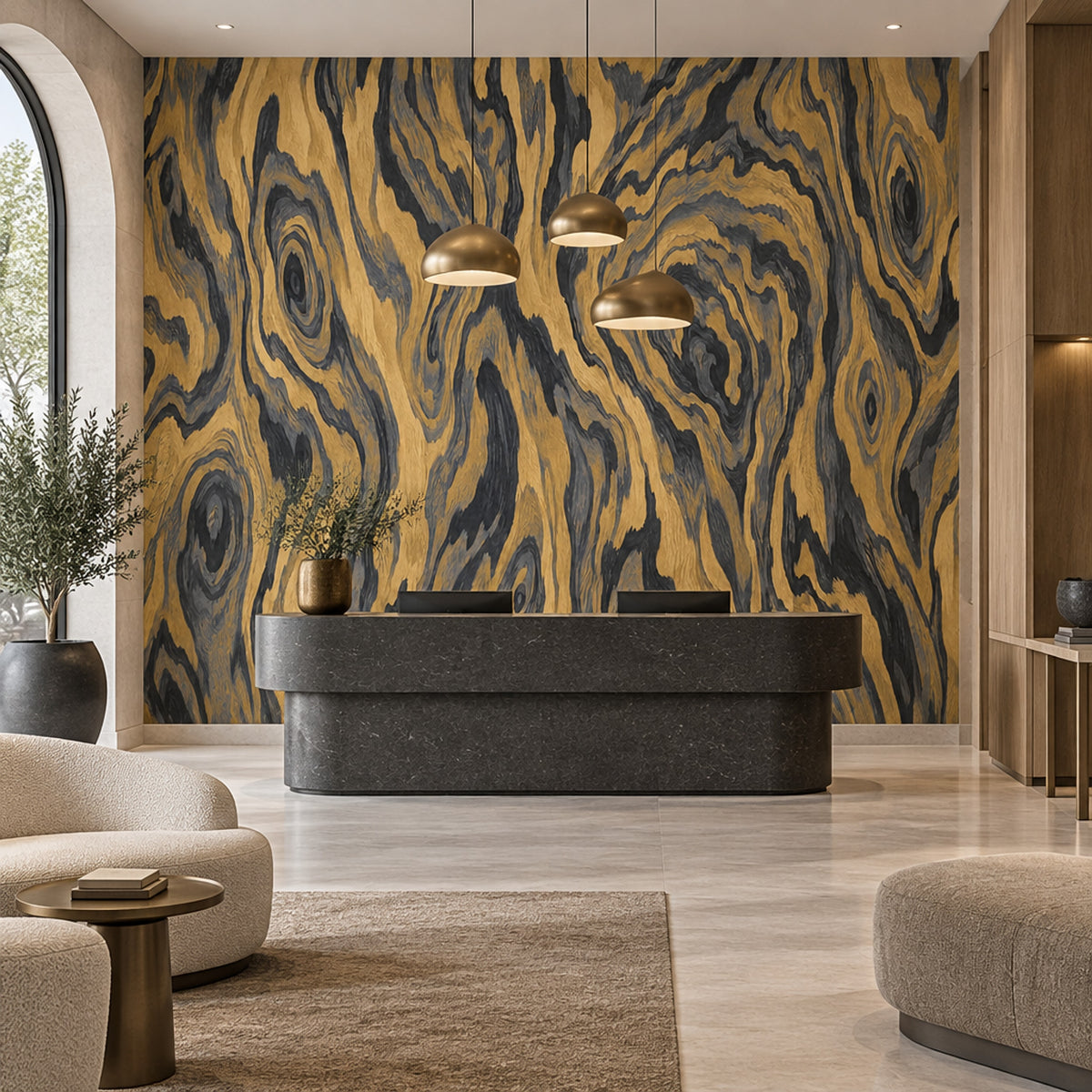 Gold Wood Grain Wallpaper Charcoal Veined Wall Mural