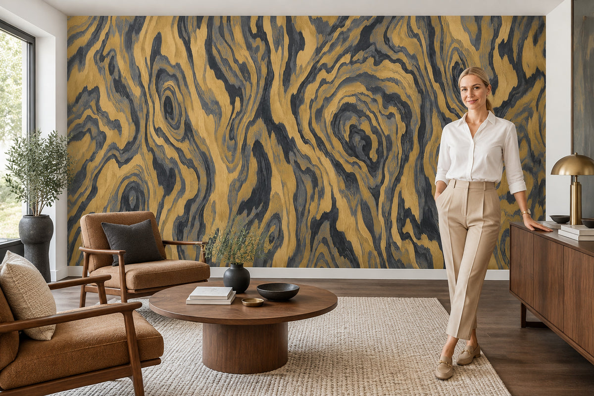 Gold Wood Grain Wallpaper Charcoal Veined Wall Mural