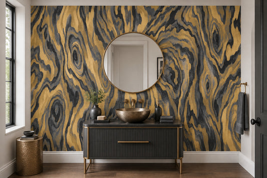 Gold Wood Grain Wallpaper Charcoal Veined Wall Mural