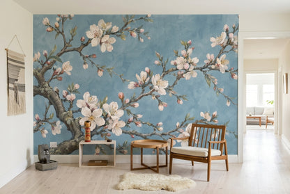 Cherry Blossom Branches Wallpaper Blue Botanical Wall Mural