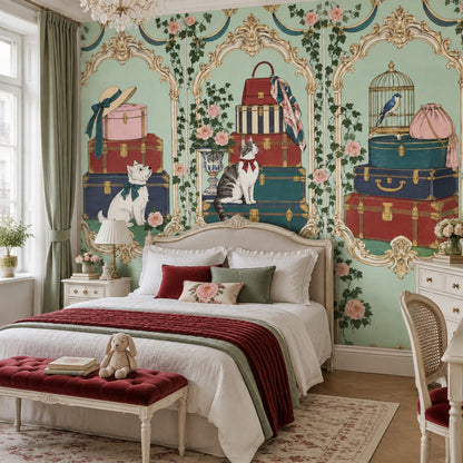 Vintage Trunks And Pets Wallpaper Ornate Frames Wall Mural