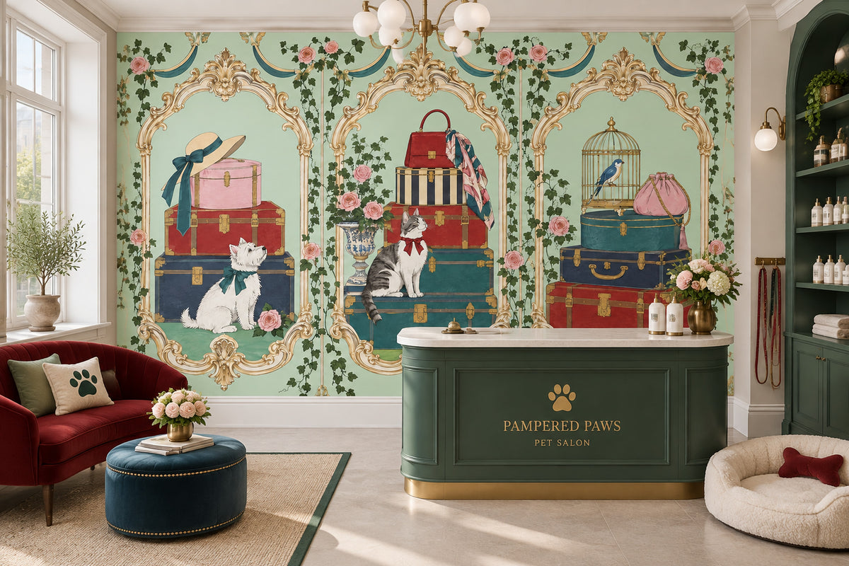 Vintage Trunks And Pets Wallpaper Ornate Frames Wall Mural