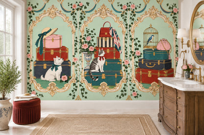 Vintage Trunks And Pets Wallpaper Ornate Frames Wall Mural