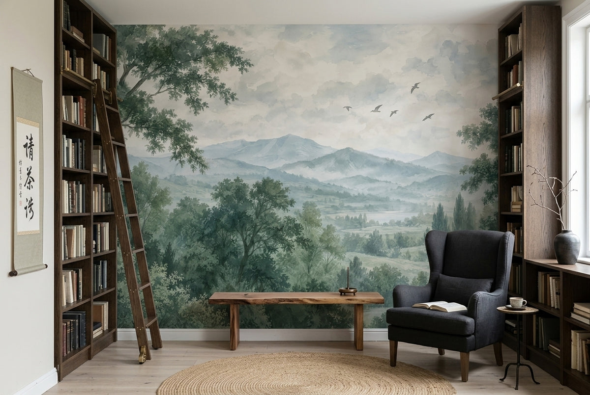 Misty Forest Mountains Wallpaper Watercolor Scenic Wall Mural