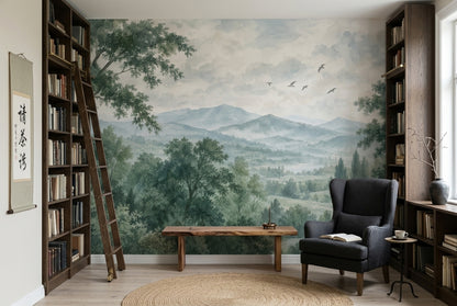 Misty Forest Mountains Wallpaper Watercolor Scenic Wall Mural