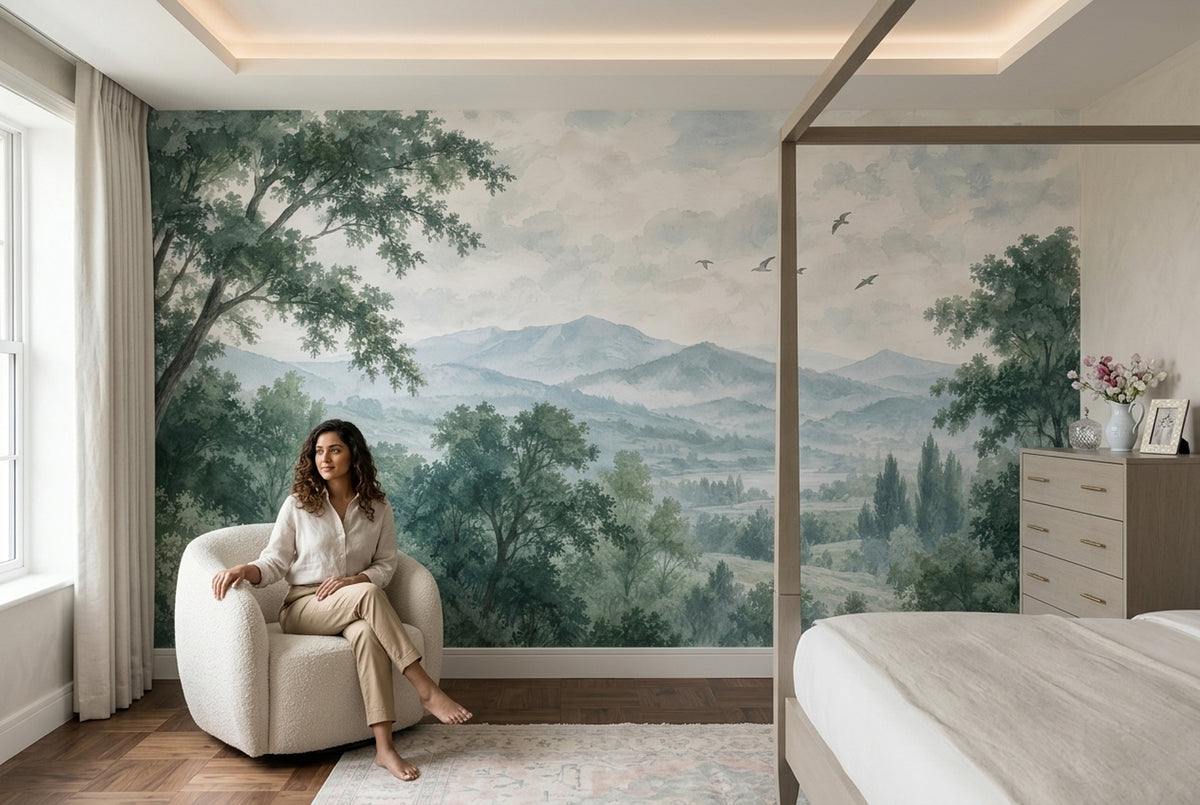Misty Forest Mountains Wallpaper Watercolor Scenic Wall Mural