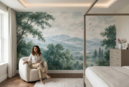 Misty Forest Mountains Wallpaper Watercolor Scenic Wall Mural