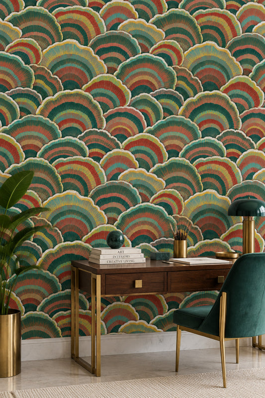 Scallop Fan Wallpaper Art Deco Geometric Teal Green Terracotta