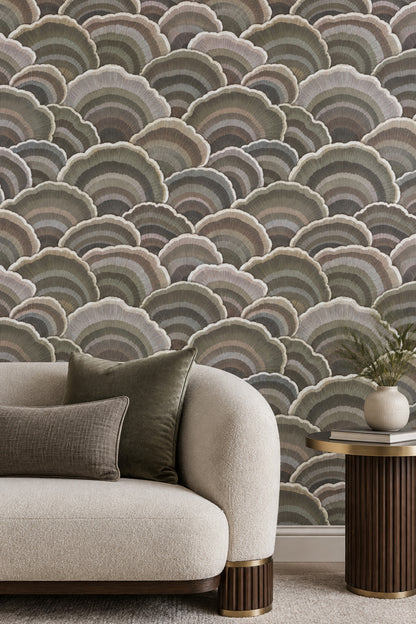 Overlapping Fan Scallops Wallpaper Muted Gray Taupe Olive