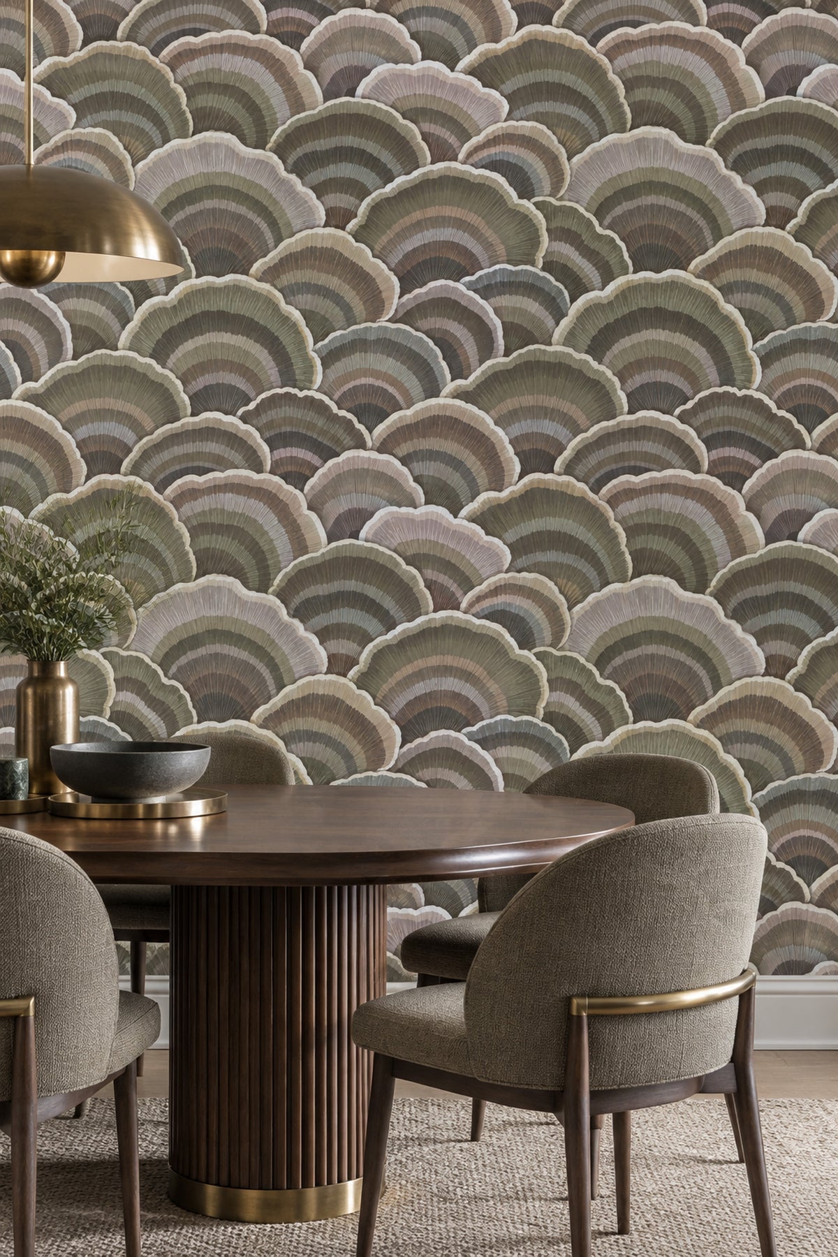 Overlapping Fan Scallops Wallpaper Muted Gray Taupe Olive
