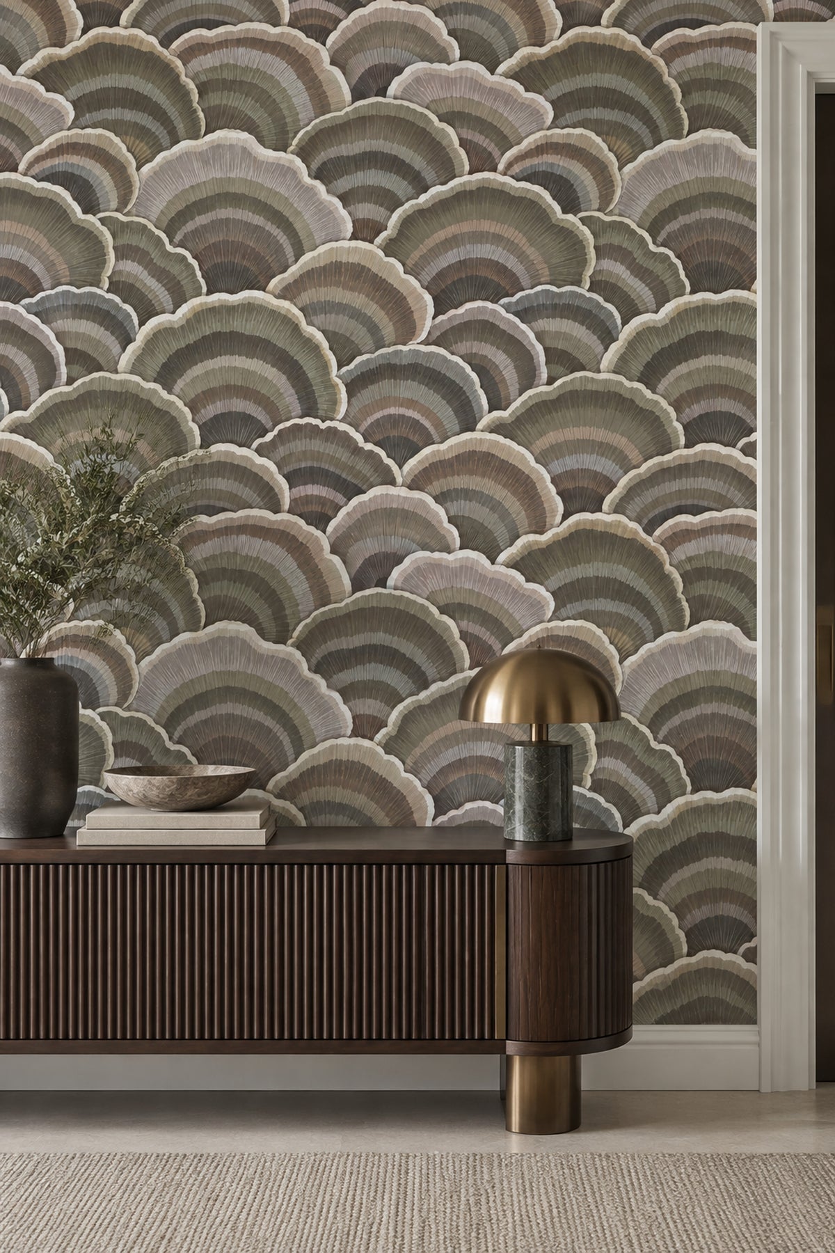 Overlapping Fan Scallops Wallpaper Muted Gray Taupe Olive