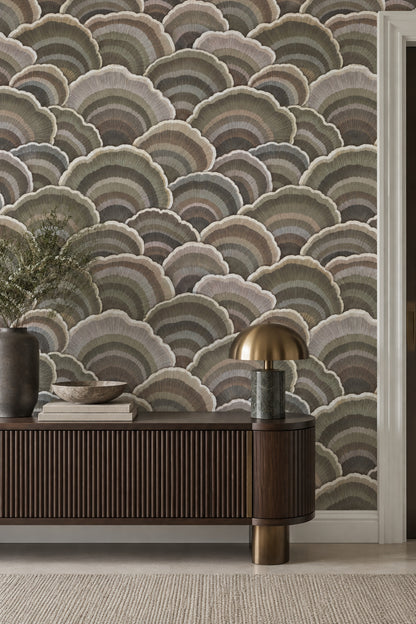 Overlapping Fan Scallops Wallpaper Muted Gray Taupe Olive