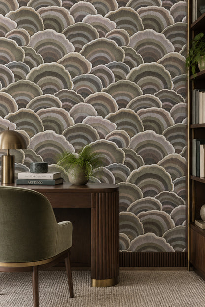 Overlapping Fan Scallops Wallpaper Muted Gray Taupe Olive