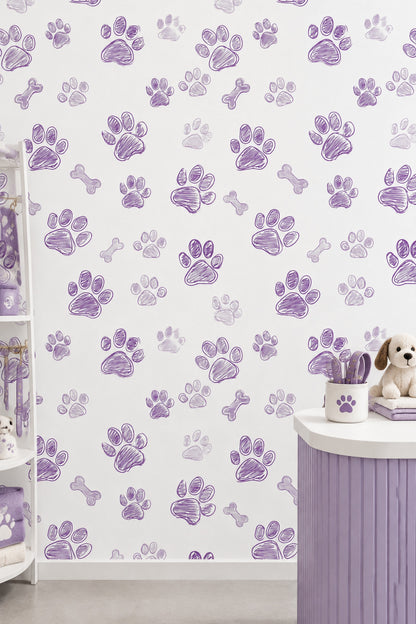 Dog Paw Prints And Bones Wallpaper Purple Doodle On White