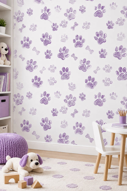 Dog Paw Prints And Bones Wallpaper Purple Doodle On White