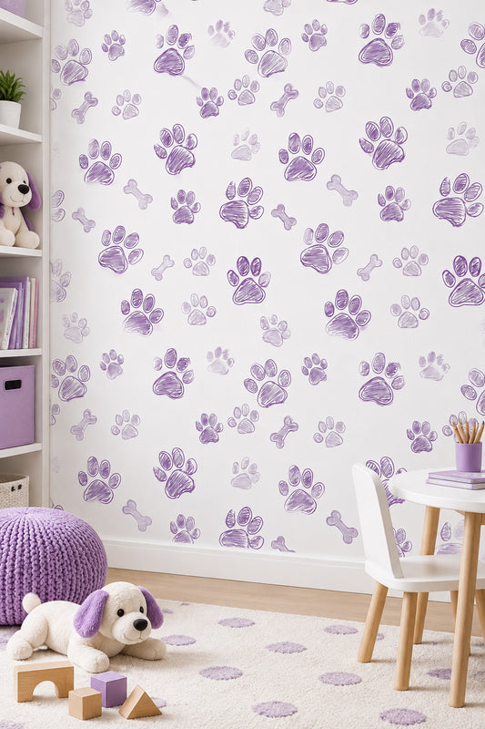 Dog Paw Prints And Bones Wallpaper Purple Doodle On White