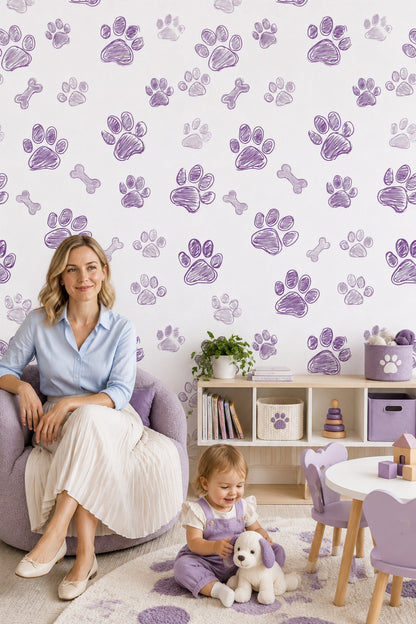 Dog Paw Prints And Bones Wallpaper Purple Doodle On White