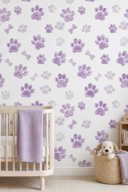 Dog Paw Prints And Bones Wallpaper Purple Doodle On White