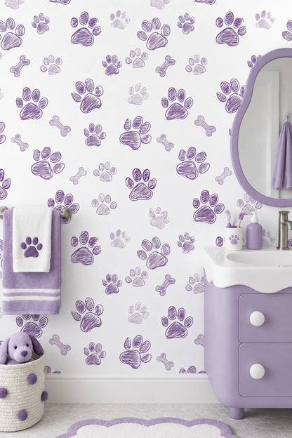 Dog Paw Prints And Bones Wallpaper Purple Doodle On White