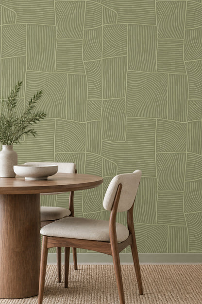 Sage Green Geometric Blocks Wallpaper Curved Line Pattern