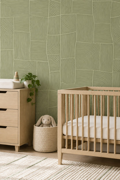 Sage Green Geometric Blocks Wallpaper Curved Line Pattern