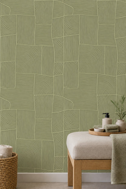 Sage Green Geometric Blocks Wallpaper Curved Line Pattern
